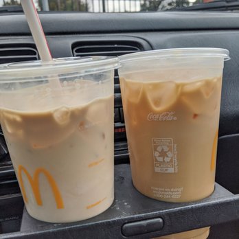 McDonald's - Left is coffee unsweetened after incorrectly giving me a sweet ice coffee, note that the new coffee is lighter color mostly being milk - Burgers Near Me - Arcata, California McDonald's - Left is coffee unsweetened after incorrectly giving me a sweet ice coffee, note that the new coffee is lighter color mostly being milk - Burgers Near Me - Arcata, California