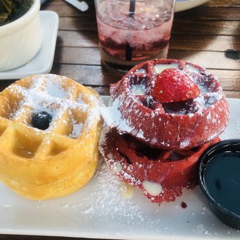 Taste Bar + Kitchen - Regular and red velvet waffles - Cocktail Bars Near Me - Houston, Texas