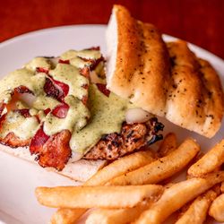 The Pub - Rookwood - Grilled marinated chicken breast, swiss, maple pepper bacon, basil pesto mayo, focaccia