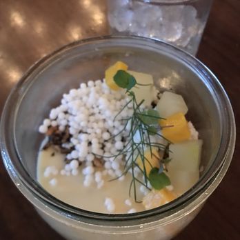 Uchi Houston - $9 Lime Cream : seasonal fruit, popped wild rice, dipping dot ice cream, fennel seed - Sushi Bars Near Me - Houston, Texas Uchi Houston - $9 Lime Cream : seasonal fruit, popped wild rice, dipping dot ice cream, fennel seed - Sushi Bars Near Me - Houston, Texas