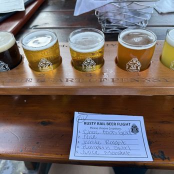 Rusty Rail Brewery - Flight of beers, best one is the juice monster - Breweries Near Me - Mifflinburg, Pennsylvania Rusty Rail Brewery - Flight of beers, best one is the juice monster - Breweries Near Me - Mifflinburg, Pennsylvania