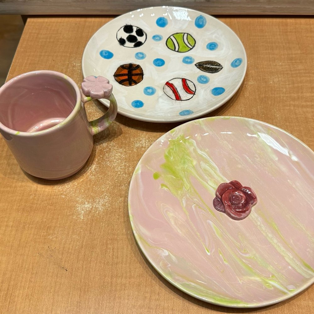 Petroglyph Ceramic Lounge - Granddaughter's marble technique plate and cup. Thanks to Jennifer's big help and suggestions added the flowers on. - Paint-Your-Own Pottery Near Me - Los Gatos, California Petroglyph Ceramic Lounge - Granddaughter's marble technique plate and cup. Thanks to Jennifer's big help and suggestions added the flowers on. - Paint-Your-Own Pottery Near Me - Los Gatos, California