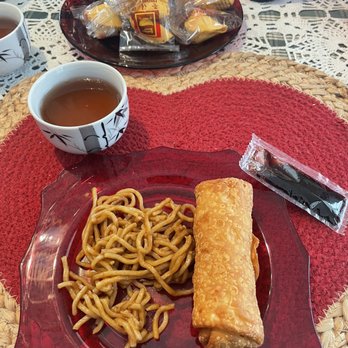 Beijing Garden - Egg roll with Lo mein and tea! - Chinese Near Me - Elmira, New York