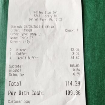 Trolley Stop Inn - Receipt - Pizza Near Me - Bethel Park, Pennsylvania Trolley Stop Inn - Receipt - Pizza Near Me - Bethel Park, Pennsylvania