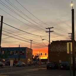 a sunset in the background