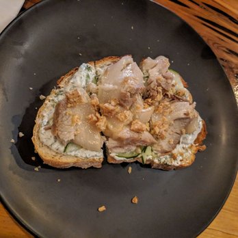 Crime & Punishment Brewing - Salo Cured pork belly, sour cream, dill cucumber almond brittle $10.00 - Breweries Near Me - Philadelphia, Pennsylvania Crime & Punishment Brewing - Salo Cured pork belly, sour cream, dill cucumber almond brittle $10.00 - Breweries Near Me - Philadelphia, Pennsylvania