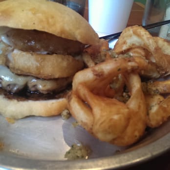Baguettes - Bourbon hamburger with bacon onion rings and cheese. Also garlic fries. YUM! - Sandwiches Near Me - Elk Grove, California
