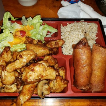 Wrap & Roll - Brown rice, Mongolian chicken, chicken eggrolls, salad (forgot box name) - Asian Fusion Near Me - Pearland, Texas