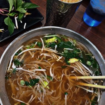 Phở Nhớ - Beef Broth Pho (no meat) with all the toppings and a Thai Tea - Noodles Near Me - Albuquerque, New Mexico