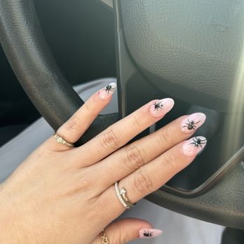 Sunflower Nails - pink nails with black spiders. White dots for eyes! - Nail Salons Near Me - Alexandria, Virginia