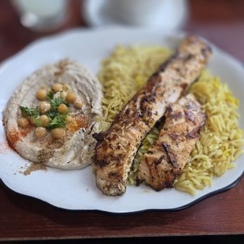 Taza Mediterranean Kitchen - Salmon dinner with rice & hummus - Mediterranean Near Me - Middleton, Wisconsin Taza Mediterranean Kitchen - Salmon dinner with rice & hummus - Mediterranean Near Me - Middleton, Wisconsin