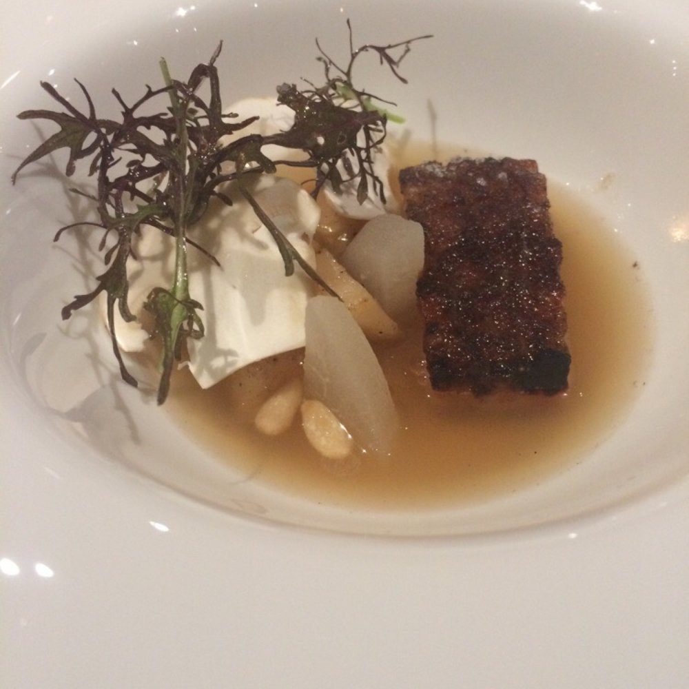 Lazy Bear - Matsutake - grilled pork jowl, frilly red mustard, Asian pear, parsnip, pine nut (10/25/14 menu) - New American Near Me - San Francisco, California Lazy Bear - Matsutake - grilled pork jowl, frilly red mustard, Asian pear, parsnip, pine nut (10/25/14 menu) - New American Near Me - San Francisco, California