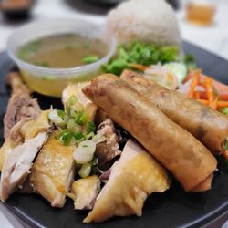 Hanin chicken with spring rolls.