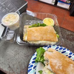 Joanna's Marketplace - Chicken avocado sandwich with mozzarella, pasta salad, and a honey mustard sauce (maybe?)