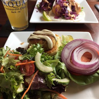 Aqua Restaurant - Crab cake sandwich and shrimp tacos. - Seafood Near Me - Duck, North Carolina Aqua Restaurant - Crab cake sandwich and shrimp tacos. - Seafood Near Me - Duck, North Carolina