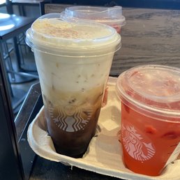Triple espresso with extra sweet cream cold foam & strawberry refresher Triple espresso with extra sweet cream cold foam & strawberry refresher