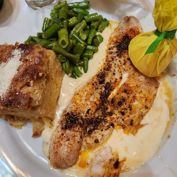 Chef Klaus' Bier Stube - Sunday Special: Walleye Pike - A plate featuring grilled fish seasoned with black pepper, served with green beans and a potato casserole, at a German restaurant. - German Near Me - Frankfort, Illinois