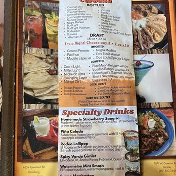 El Rodeo - Drinks menu Margaritas beers - Mexican Near Me - Hershey, Pennsylvania