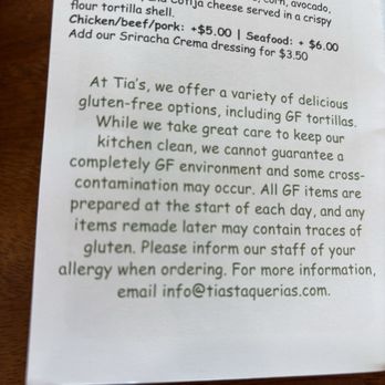 Tia's Taqueria - Gf statement on menu. - Mexican Near Me - Denver, Colorado Tia's Taqueria - Gf statement on menu. - Mexican Near Me - Denver, Colorado