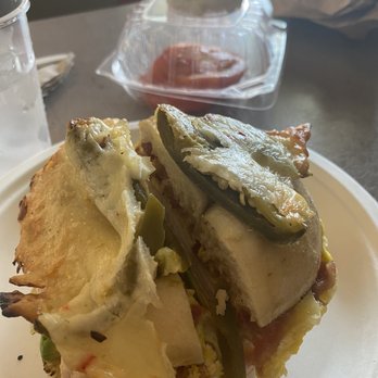 Manhattan Bread & Bagel - Turkey egg and cheese on jalapeño Jack bagel - Bagels Near Me - Manhattan Beach, California Manhattan Bread & Bagel - Turkey egg and cheese on jalapeño Jack bagel - Bagels Near Me - Manhattan Beach, California