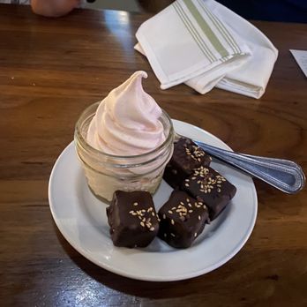 Sarma - Plum frozen yogurt and chocolate halva bites - Middle Eastern Near Me - Somerville, Massachusetts Sarma - Plum frozen yogurt and chocolate halva bites - Middle Eastern Near Me - Somerville, Massachusetts