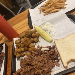 Daddy Bs BBQ - Chopped beef dinner with okra and fries