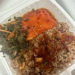 Sweet chili salmon, rice and peas. Callaloo