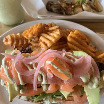 Egghead Cafe - Smoked Salmon Toast w/ Avocado & Waffle Fries (yum!) - Coffee & Tea Near Me - Honolulu, Hawaii Egghead Cafe - Smoked Salmon Toast w/ Avocado & Waffle Fries (yum!) - Coffee & Tea Near Me - Honolulu, Hawaii