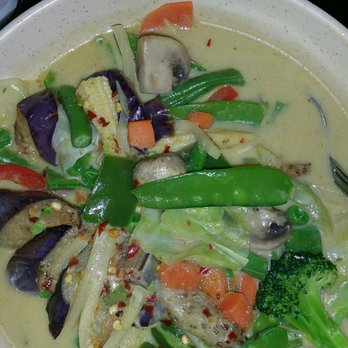 Mai Thai - Green Curry with vegetables and added eggplant  (with a couple bites already taken as I couldn't wait ) - Sushi Bars Near Me - Florence, Kentucky