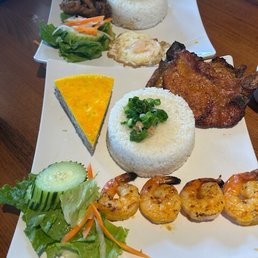 Top: 2-item with grilled pork and egg; bottom: 3-item with pork chop, egg cake, and grilled shrimp Top: 2-item with grilled pork and egg; bottom: 3-item with pork chop, egg cake, and grilled shrimp