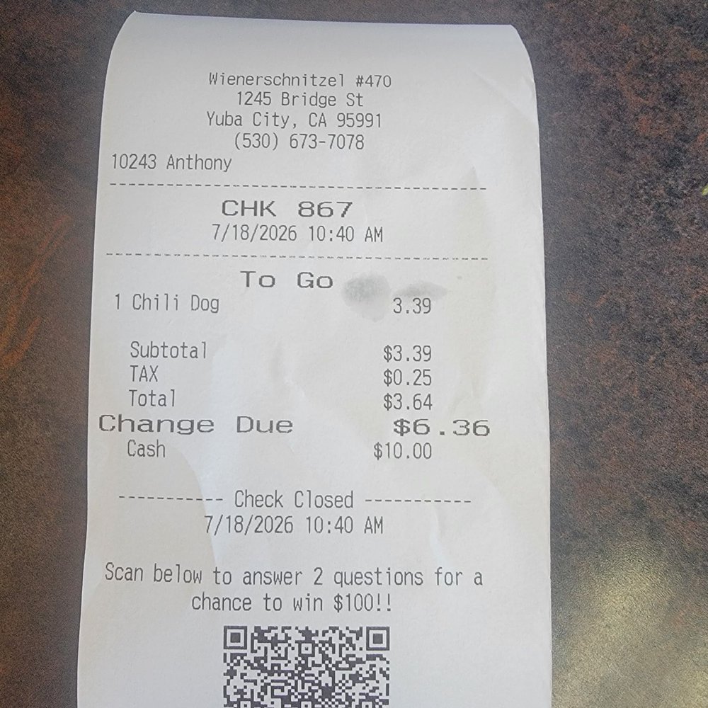 Wienerschnitzel - July 18 2026 receipt - Fast Food Near Me - Yuba City, California Wienerschnitzel - July 18 2026 receipt - Fast Food Near Me - Yuba City, California