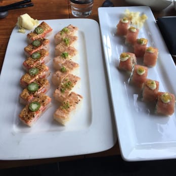 Miku - From the left, salmon oshi sushi , Ebi oshi sushi , sunrise roll - Japanese Near Me - Vancouver, British Columbia Miku - From the left, salmon oshi sushi , Ebi oshi sushi , sunrise roll - Japanese Near Me - Vancouver, British Columbia