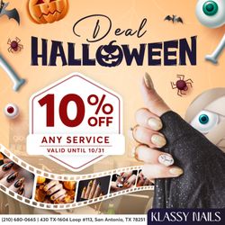 Klassy Nails - Get ready to pamper yourself with our spooktacular offer at Klassy Nails!
Enjoy 10% OFF All Services
Valid until October 31st, 2024!