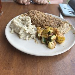 Trackside at Castaneda Hotel - Pecan crusted chicken with garlic mashed potatoes and squash