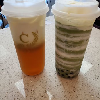 Cafe Pruvia - Large Jasmine tea 75% sweetness light ice (left) Large Matcha Swirl (right) - Bubble Tea Near Me - Gardena, California