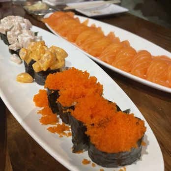 Sushi One Spot - Masago, spicy scallop, scallop, and salmon nigiri - Sushi Bars Near Me - Montclair, California Sushi One Spot - Masago, spicy scallop, scallop, and salmon nigiri - Sushi Bars Near Me - Montclair, California