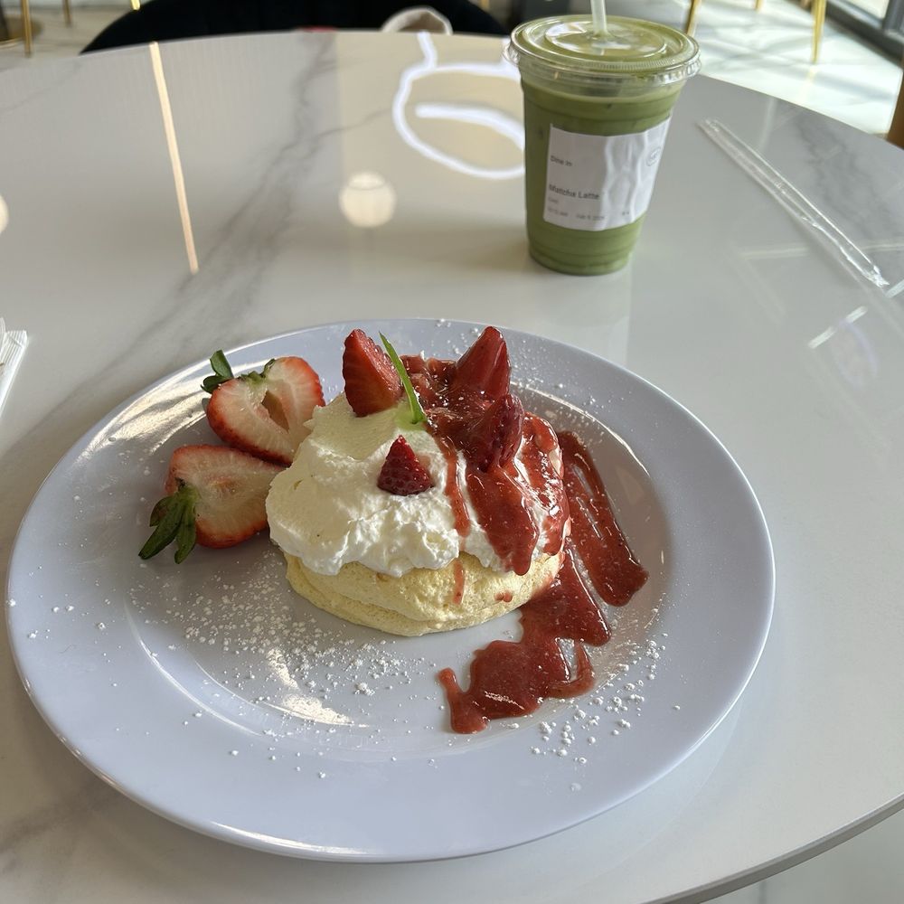 Fluffy Fluffy - strawberry pancakes and matcha latte - Coffee & Tea Near Me - Davis, California Fluffy Fluffy - strawberry pancakes and matcha latte - Coffee & Tea Near Me - Davis, California
