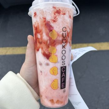 Cuckoo’s Cafe - Strawberry milk tea with crystal boba and rainbow jelly normal sweetness - Bubble Tea Near Me - Snellville, Georgia Cuckoo’s Cafe - Strawberry milk tea with crystal boba and rainbow jelly normal sweetness - Bubble Tea Near Me - Snellville, Georgia