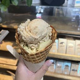 housemade cone with french toast and pistachio scoops