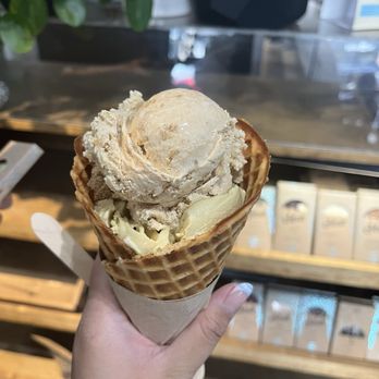 Melt Confectionary - housemade cone with french toast and pistachio scoops - Chocolatiers & Shops Near Me - Vancouver, British Columbia