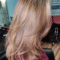 Jodi Doerr Hair - Longer hair with auburn highlights. Gel process left my hair soft and full of shine