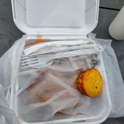 Fried chicken, cornbread, cabbage and sweet potatoes.