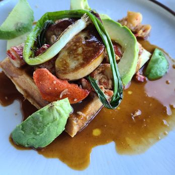 Five Sails Restaurant - LOBSTER -lobster, seared foie gras, waffle, avocado, grilled scallion, chicken jus ($70) - French Near Me - Vancouver, British Columbia Five Sails Restaurant - LOBSTER -lobster, seared foie gras, waffle, avocado, grilled scallion, chicken jus ($70) - French Near Me - Vancouver, British Columbia