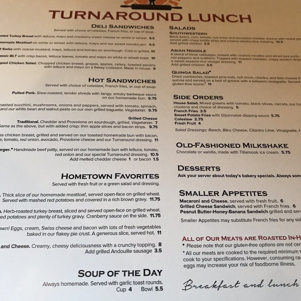 Turnaround Cafe - Lunch menu. Closes at 2pm - American Near Me - Turner, Oregon Turnaround Cafe - Lunch menu. Closes at 2pm - American Near Me - Turner, Oregon