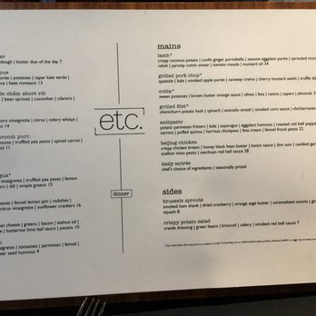 Etc Restaurant - menu - New American Near Me - Nashville, Tennessee