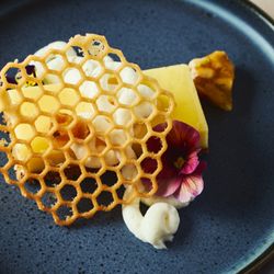 JORY - Celebration of Bees dessert: honey and yuzu tart, pine nut-rosemary brittle, white chocolate ganache, honeycomb tuile.