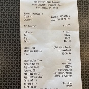Red Pepper Pizza Company - a receipt for a pizza - Pizza Near Me - Crestwood, Kentucky Red Pepper Pizza Company - a receipt for a pizza - Pizza Near Me - Crestwood, Kentucky