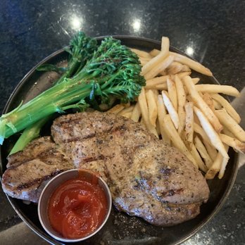 Sidecar Social - This was my early dinner Ribeye steak, with French fries, and broccolini - Sports Bars Near Me - Addison, Texas