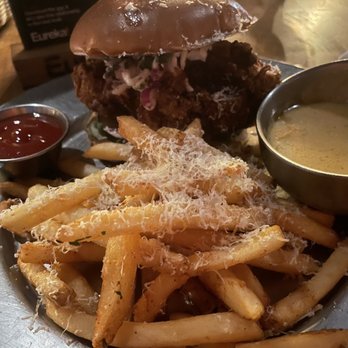 Eureka! - Spicy Fried Chicken Sandwich and Truffle Cheese Fries - American Near Me - Las Vegas, Nevada Eureka! - Spicy Fried Chicken Sandwich and Truffle Cheese Fries - American Near Me - Las Vegas, Nevada