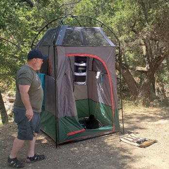 Wheeler Gorge Campground - My husband was helping me with my shower tent.  There are no showers here so I had to bring my own.  A bit glamping, I know. - Campgrounds Near Me - Ojai, California